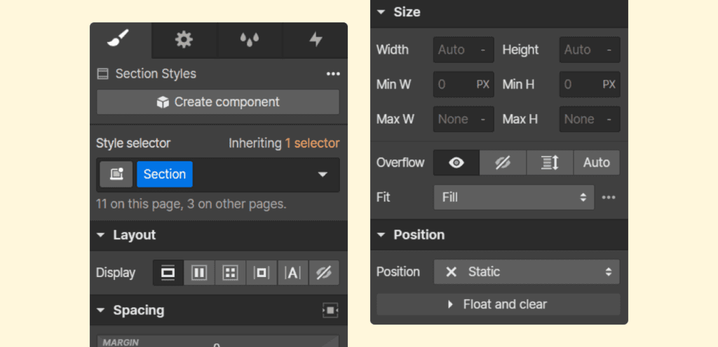 Preview of Style Manager in the Webflow project.