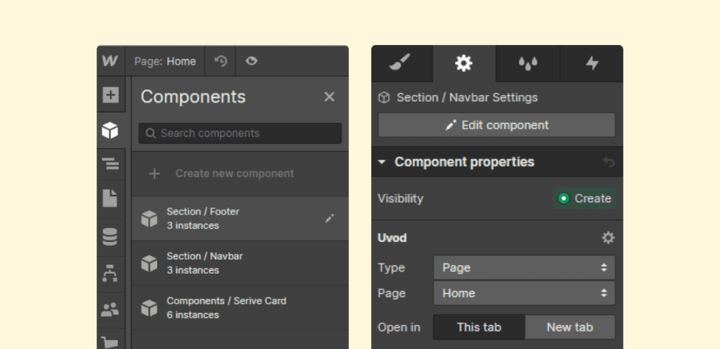 Preview of Webflow Components in the project. You can see a few basic components with Properties overrides for Header Section.
